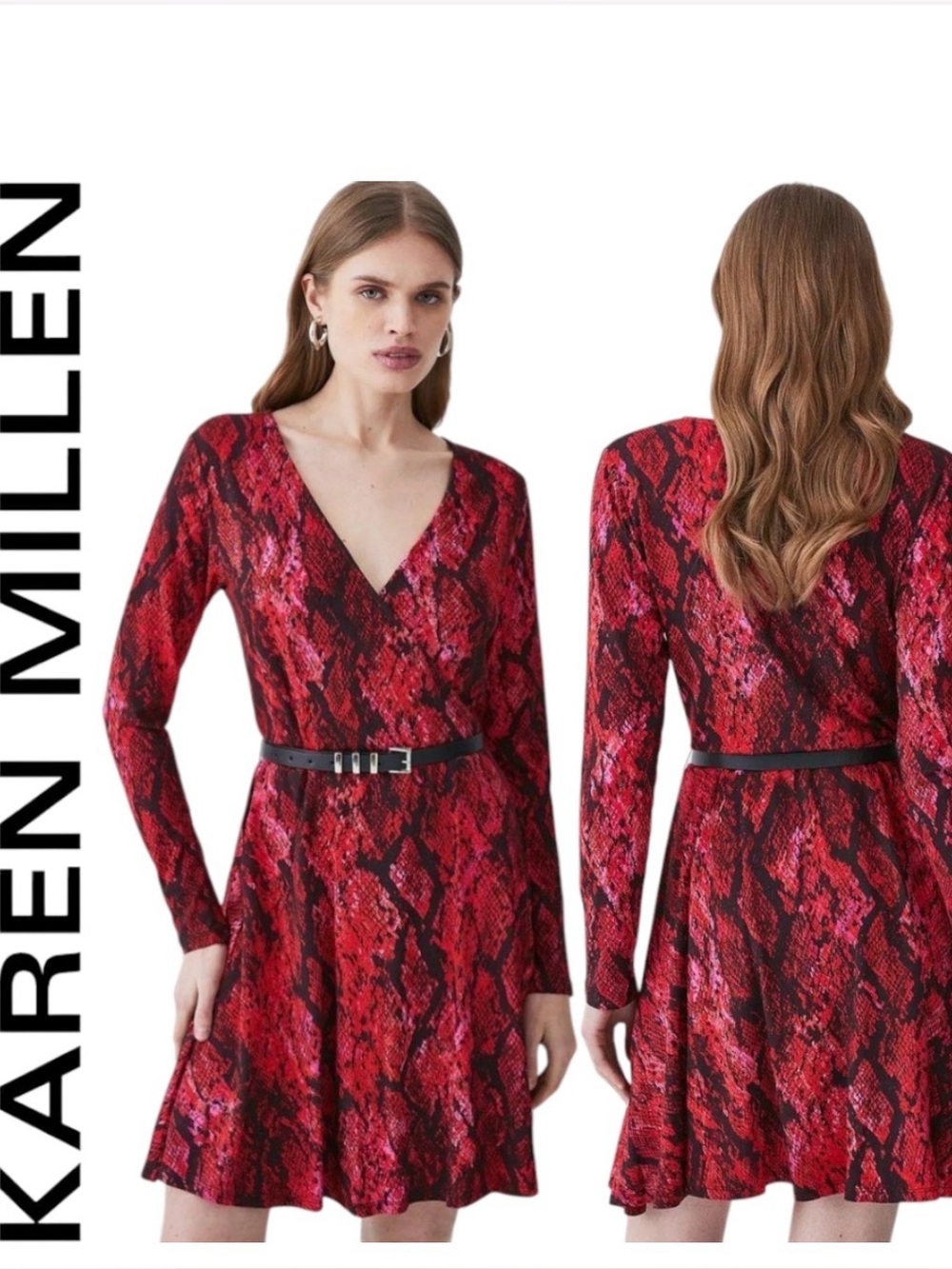 KAREN MILLEN 🔖NWT! Red Snake Print Faux Wrap Dress - Size 10